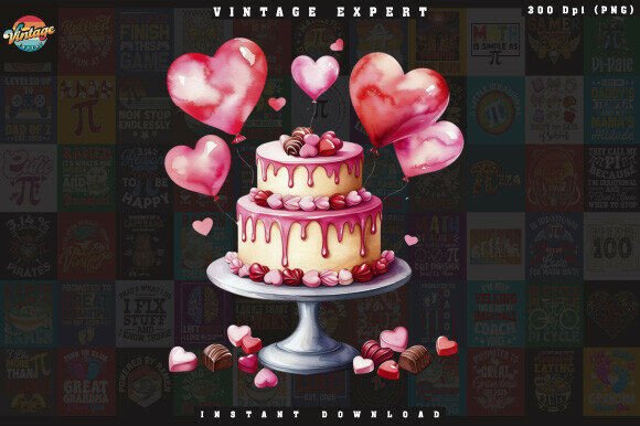 Watercolor Valentine Balloon Cake PNG